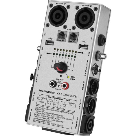 Monacor Cable tester for XLR, 6.3 mm jack, RCA, Din, Speakon, USB, RJ45 model CT-3 - Meetinstrumenten